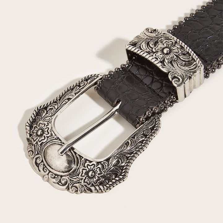 Ceinture en cuir imprimé crocodile avec bordure en macramé pour femme