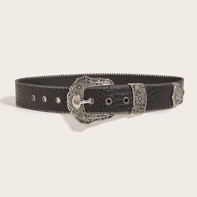 Ceinture en cuir imprimé crocodile avec bordure en macramé pour femme
