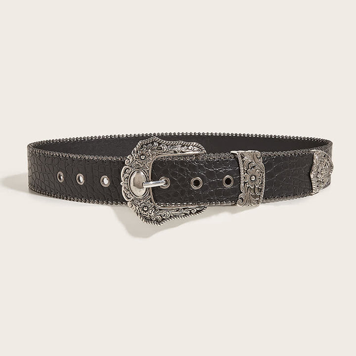 Ceinture en cuir imprimé crocodile avec bordure en macramé pour femme