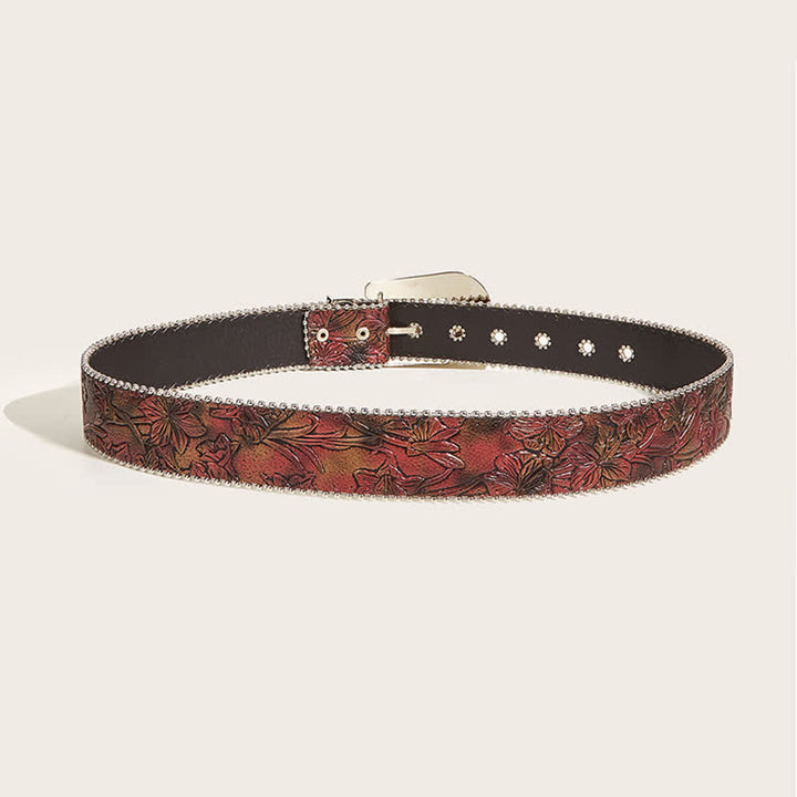 Ceinture en cuir marron à motif floral et strass pour femme