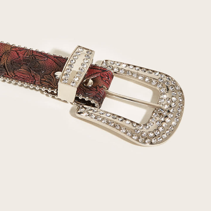 Ceinture en cuir marron à motif floral et strass pour femme