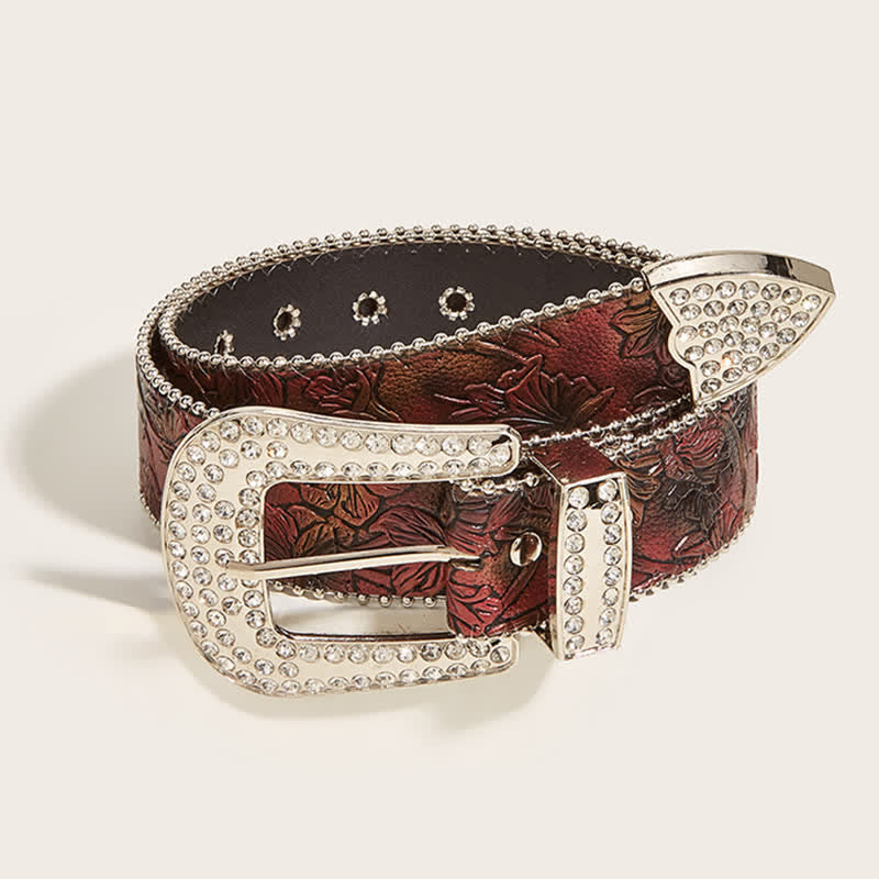 Ceinture en cuir marron à motif floral et strass pour femme