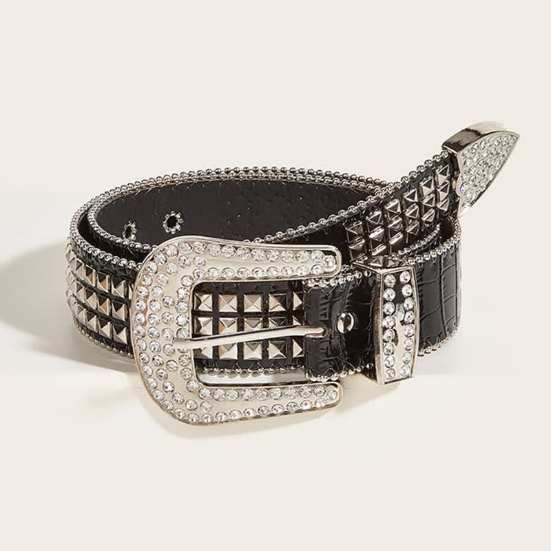 Ceinture en cuir à rivets et strass pour femme