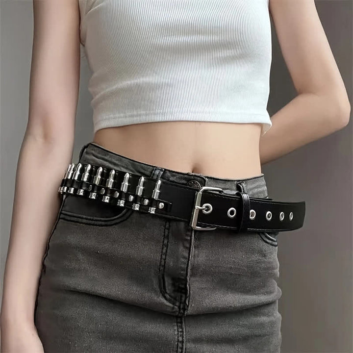 Ceinture en cuir cloutée noire à rivets et motif Bullets Punk Rock