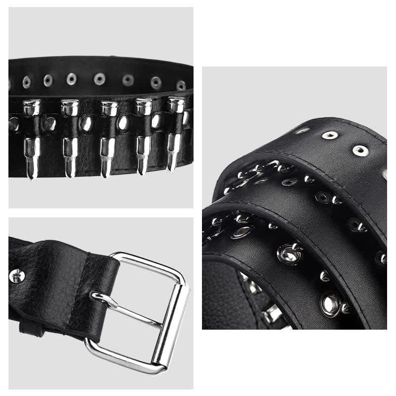 Ceinture en cuir cloutée noire à rivets et motif Bullets Punk Rock