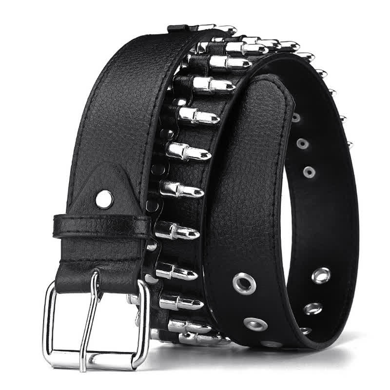 Ceinture en cuir cloutée noire à rivets et motif Bullets Punk Rock
