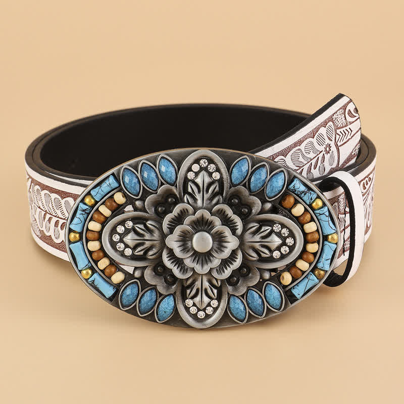 Ceinture en cuir à motif floral bohème turquoise pour femme