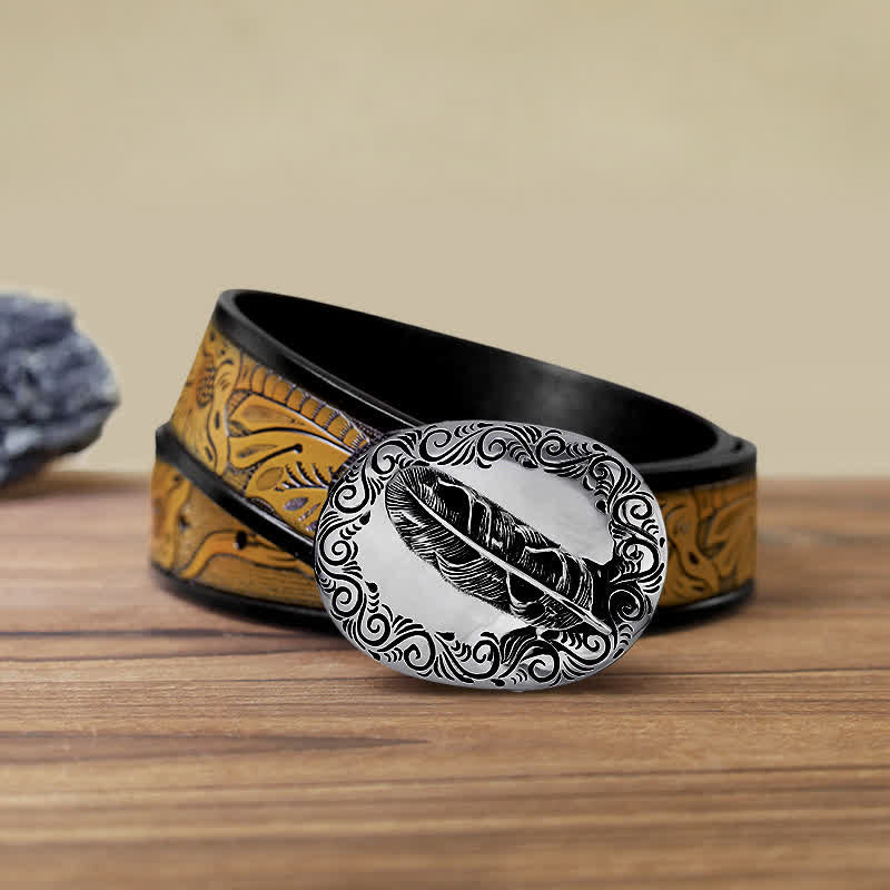 Ceinture en cuir avec boucle en plumes sculptées pour homme