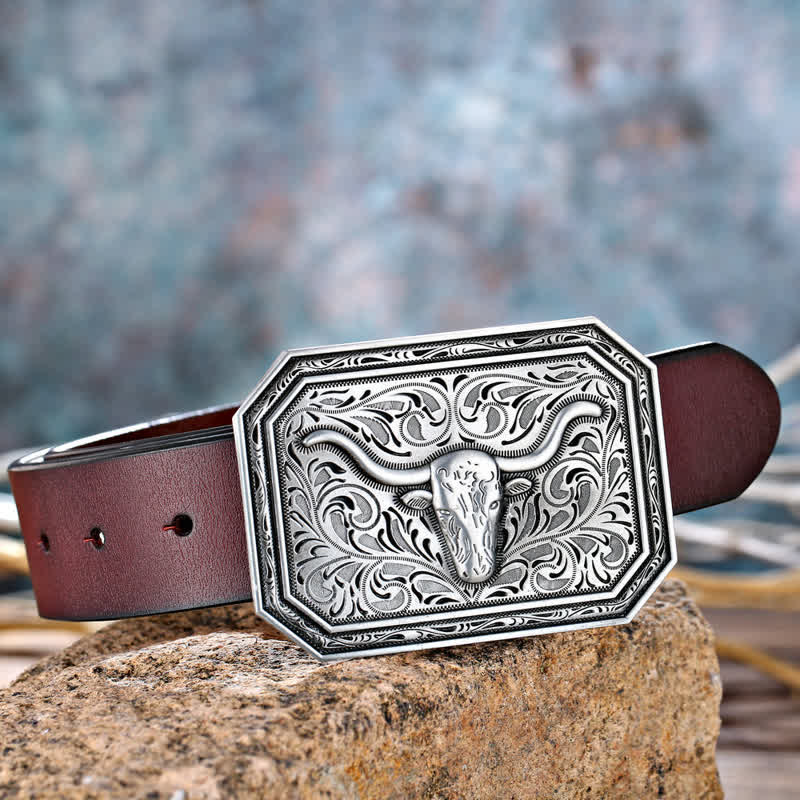 Ceinture en cuir à boucle simple pour homme avec tête de taureau à longues cornes