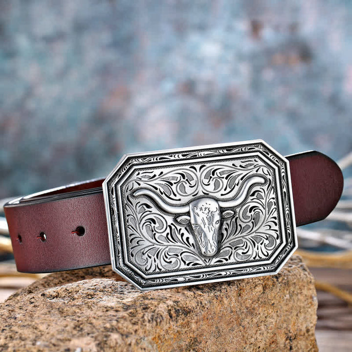 Ceinture en cuir à boucle simple pour homme avec tête de taureau à longues cornes