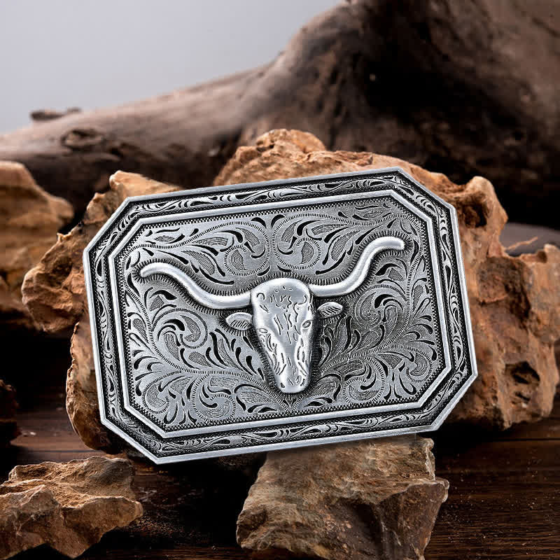 Ceinture en cuir à boucle simple pour homme avec tête de taureau à longues cornes