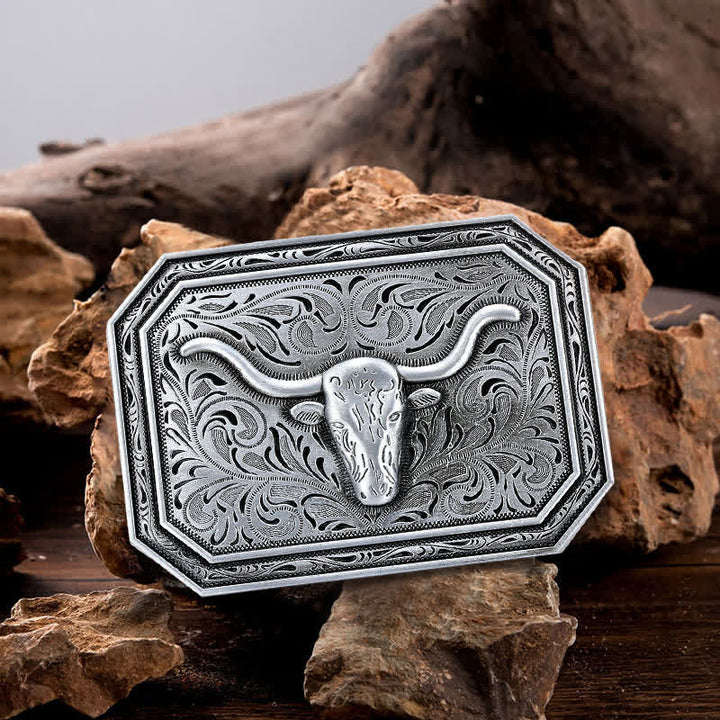 Ceinture en cuir à boucle simple pour homme avec tête de taureau à longues cornes