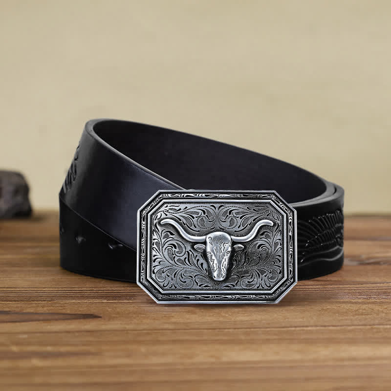 Ceinture en cuir à boucle simple pour homme avec tête de taureau à longues cornes