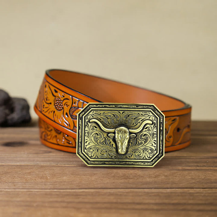 Ceinture en cuir à boucle simple pour homme avec tête de taureau à longues cornes