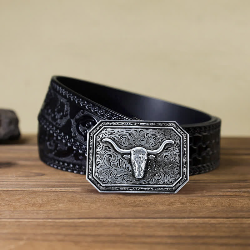Ceinture en cuir à boucle simple pour homme avec tête de taureau à longues cornes