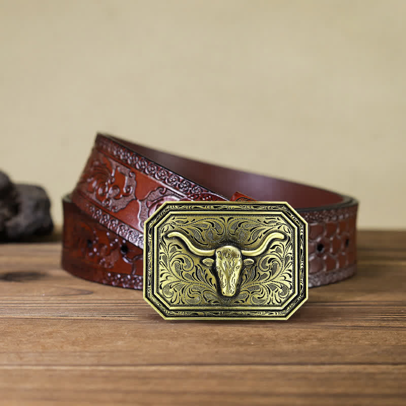 Ceinture en cuir à boucle simple pour homme avec tête de taureau à longues cornes