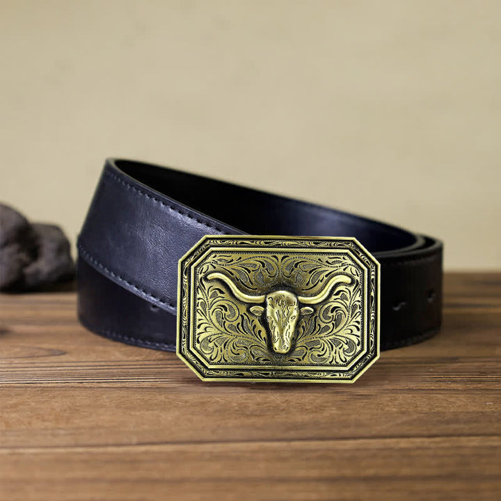 Ceinture en cuir à boucle simple pour homme avec tête de taureau à longues cornes