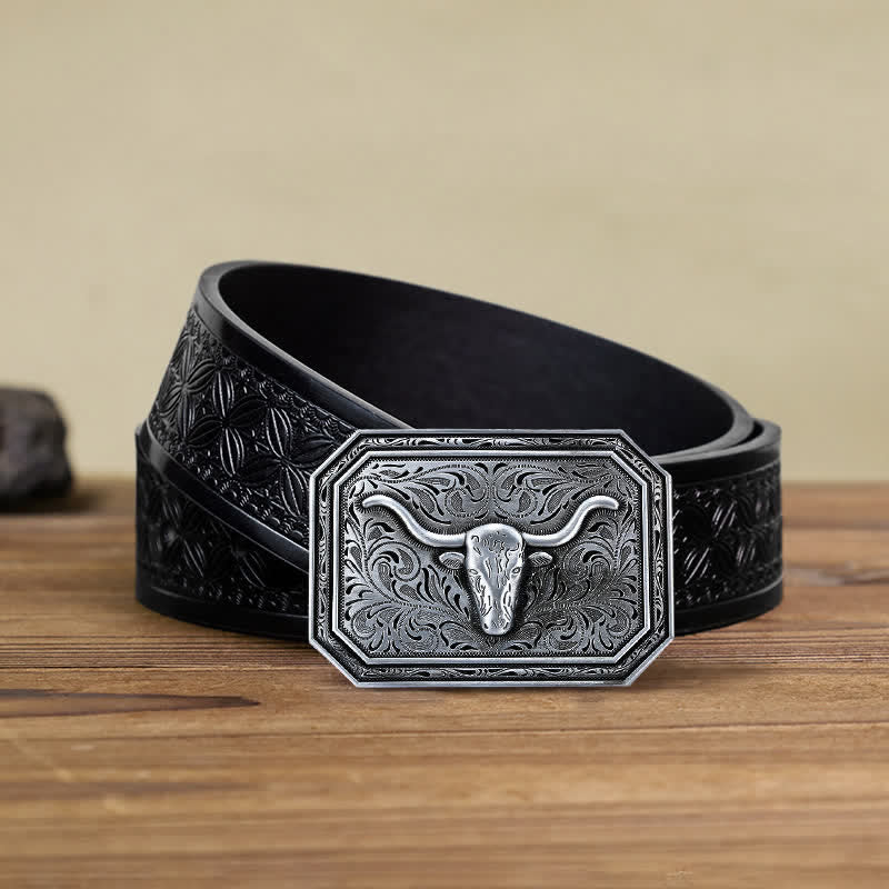 Ceinture en cuir à boucle simple pour homme avec tête de taureau à longues cornes