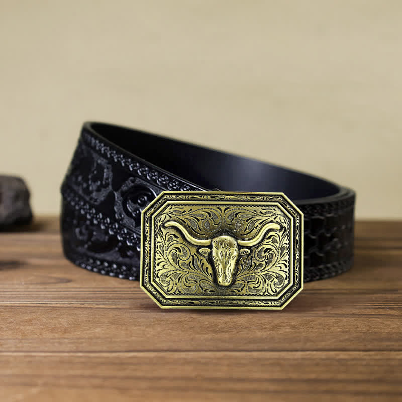 Ceinture en cuir à boucle simple pour homme avec tête de taureau à longues cornes