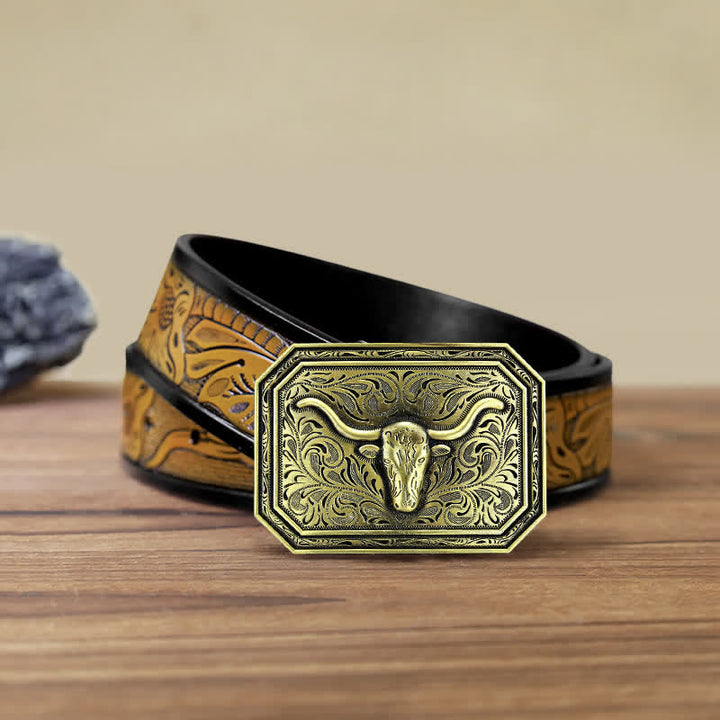 Ceinture en cuir à boucle simple pour homme avec tête de taureau à longues cornes