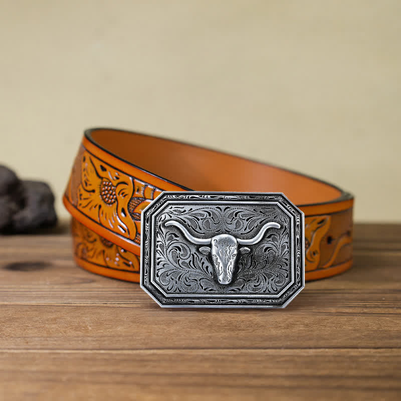 Ceinture en cuir à boucle simple pour homme avec tête de taureau à longues cornes
