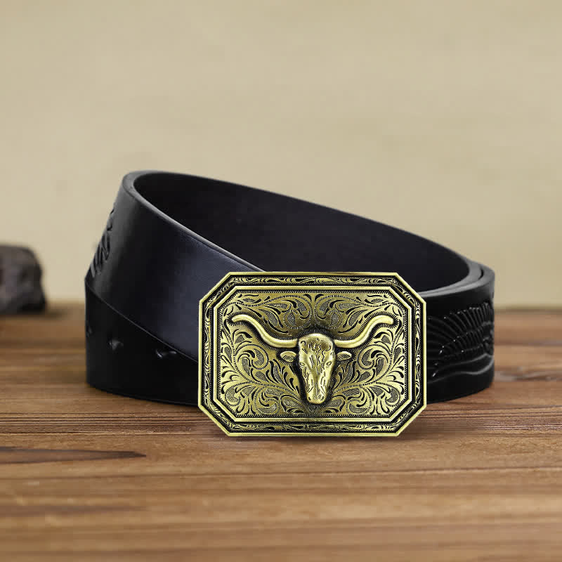 Ceinture en cuir à boucle simple pour homme avec tête de taureau à longues cornes