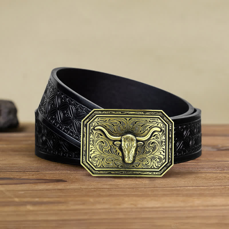 Ceinture en cuir à boucle simple pour homme avec tête de taureau à longues cornes