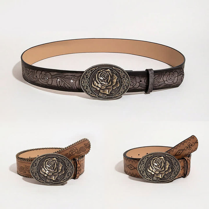 Ceinture en cuir imprimé avec boucle en forme de rose de style occidental