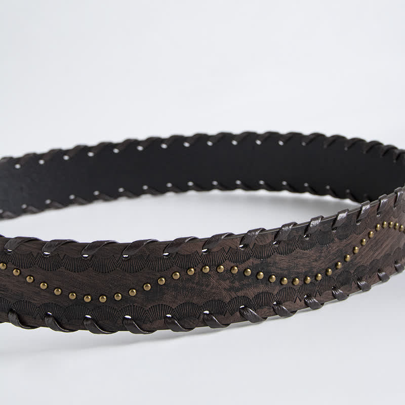 Ceinture en cuir gaufré à rivets et strass rétro pour femme