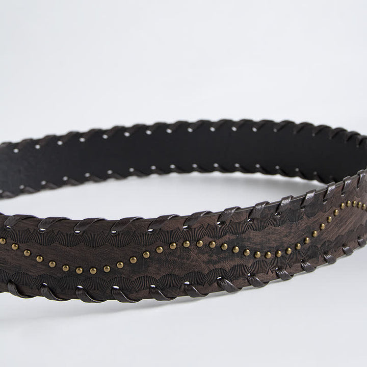 Ceinture en cuir gaufré à rivets et strass rétro pour femme