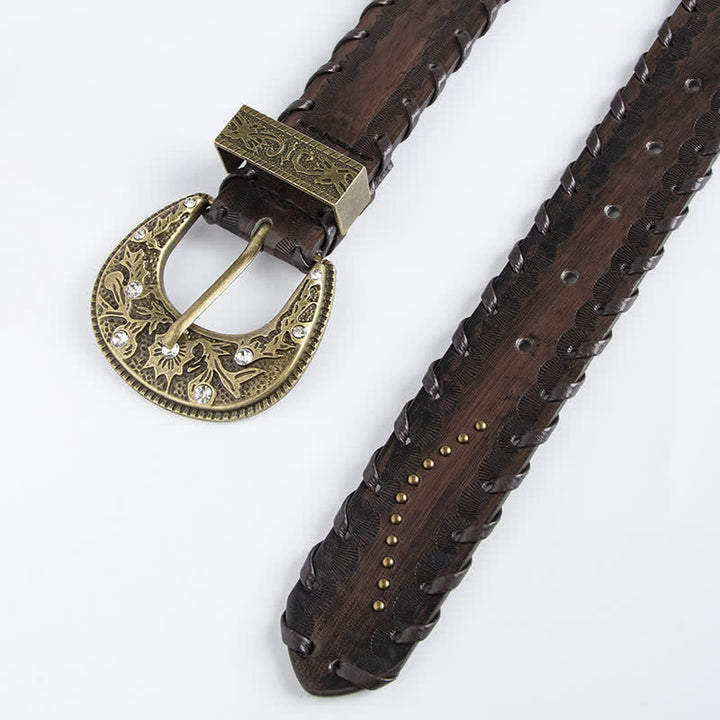 Ceinture en cuir gaufré à rivets et strass rétro pour femme
