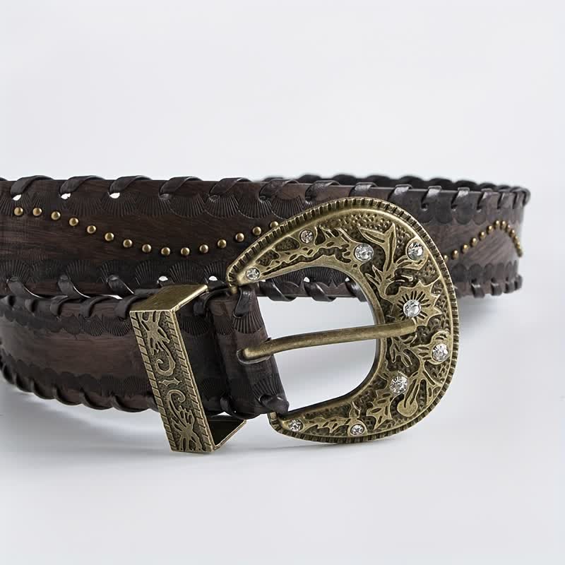 Ceinture en cuir gaufré à rivets et strass rétro pour femme