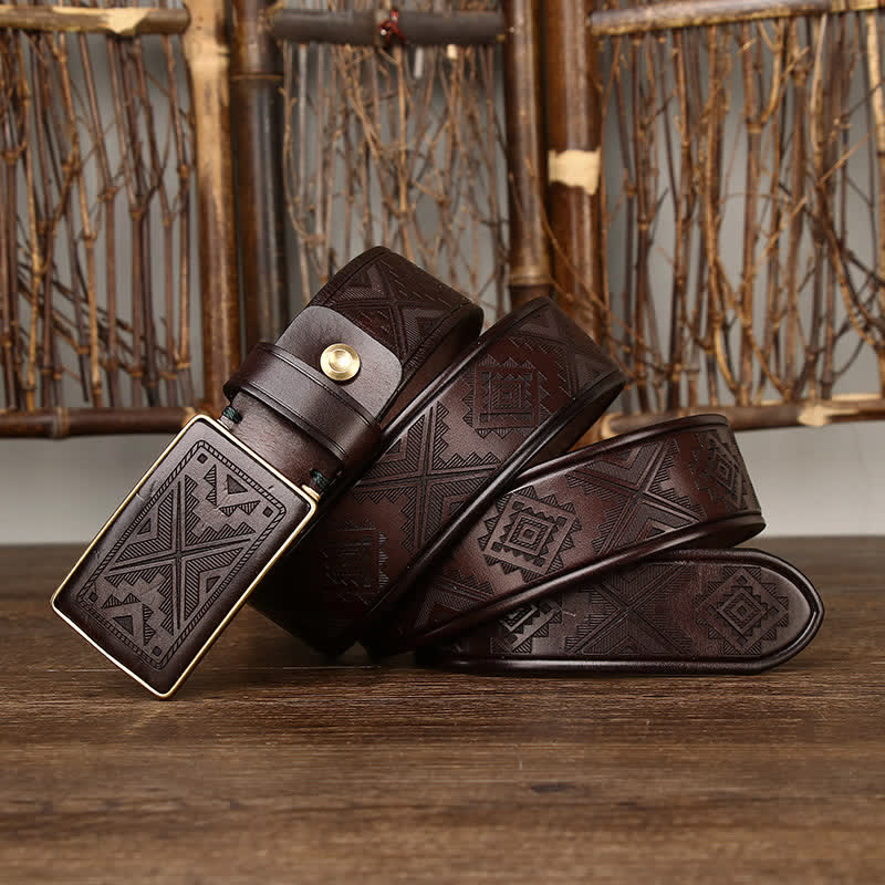 Ceinture en cuir à motif totem gravé avec boucle carrée pour homme