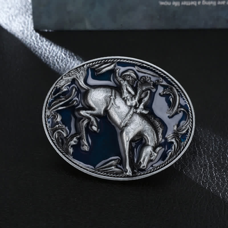 Ceinture en cuir avec boucle d'équitation en émail bleu pour homme