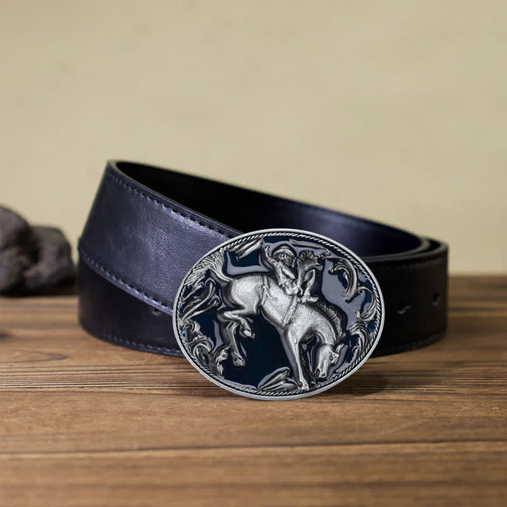 Ceinture en cuir avec boucle d'équitation en émail bleu pour homme