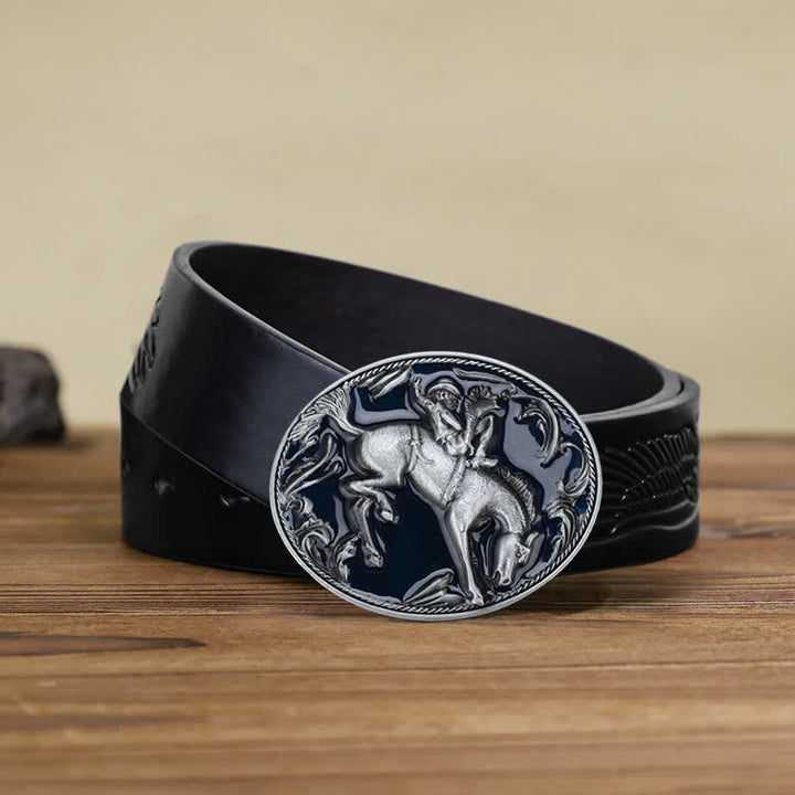 Ceinture en cuir avec boucle d'équitation en émail bleu pour homme
