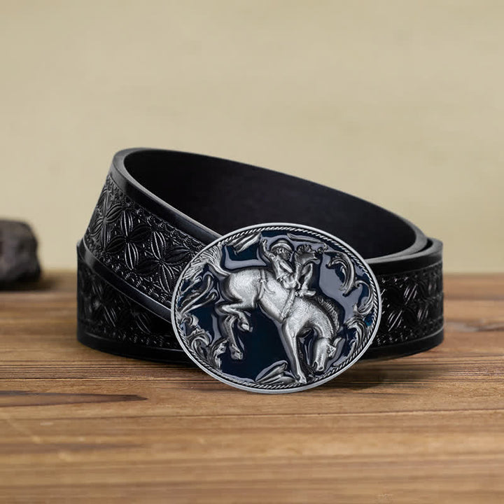 Ceinture en cuir avec boucle d'équitation en émail bleu pour homme