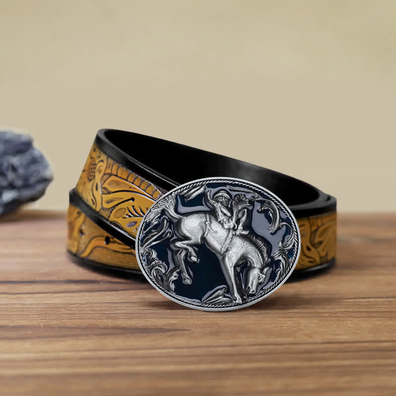 Ceinture en cuir avec boucle d'équitation en émail bleu pour homme