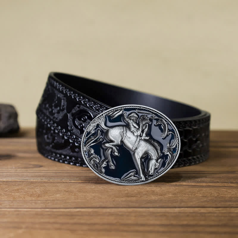 Ceinture en cuir avec boucle d'équitation en émail bleu pour homme