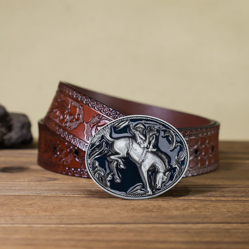 Ceinture en cuir avec boucle d'équitation en émail bleu pour homme