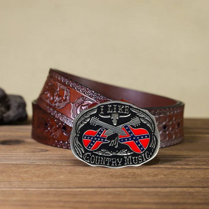 Ceinture en cuir à boucle taureau pour homme, motif guitare country