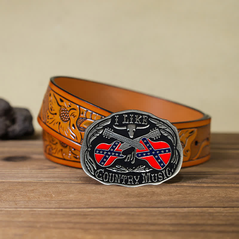 Ceinture en cuir à boucle taureau pour homme, motif guitare country