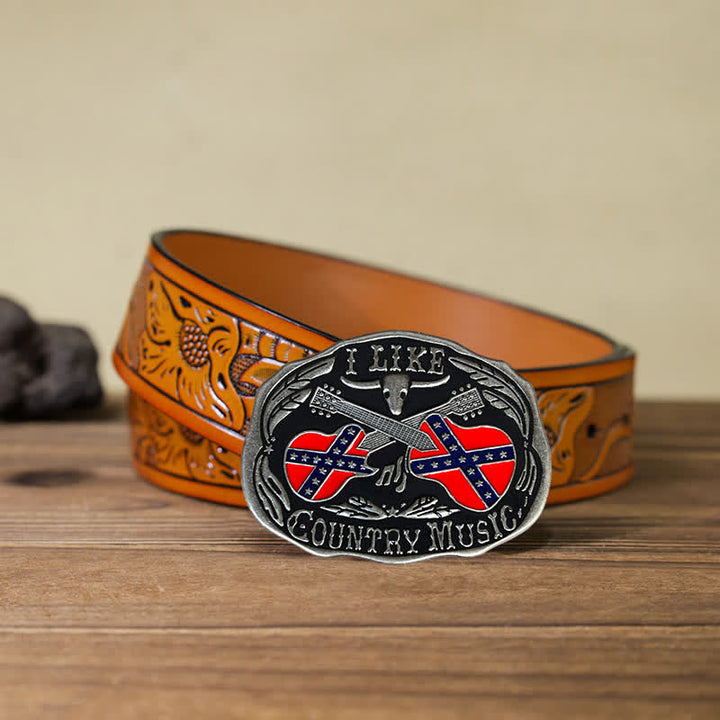 Ceinture en cuir à boucle taureau pour homme, motif guitare country
