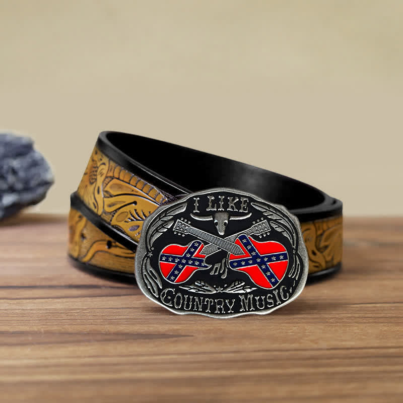 Ceinture en cuir à boucle taureau pour homme, motif guitare country