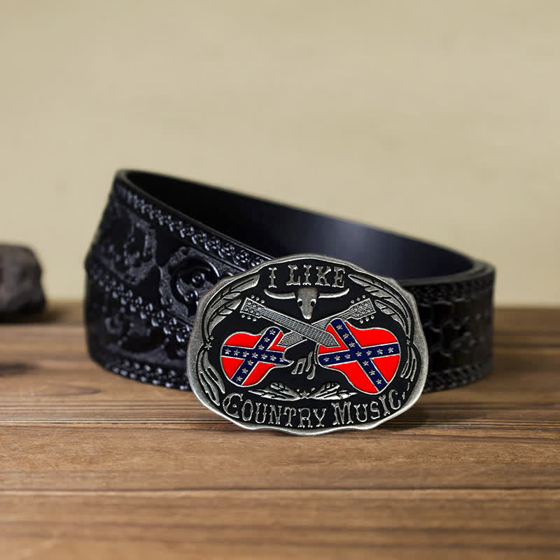 Ceinture en cuir à boucle taureau pour homme, motif guitare country