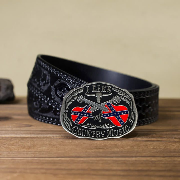 Ceinture en cuir à boucle taureau pour homme, motif guitare country