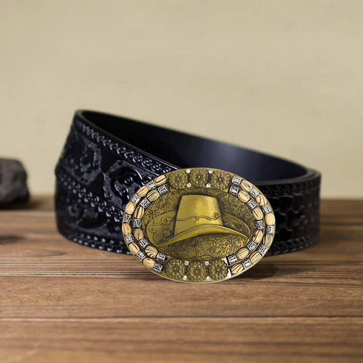 Ceinture en cuir avec boucle décorative en perles dorées pour chapeau de cowboy pour homme