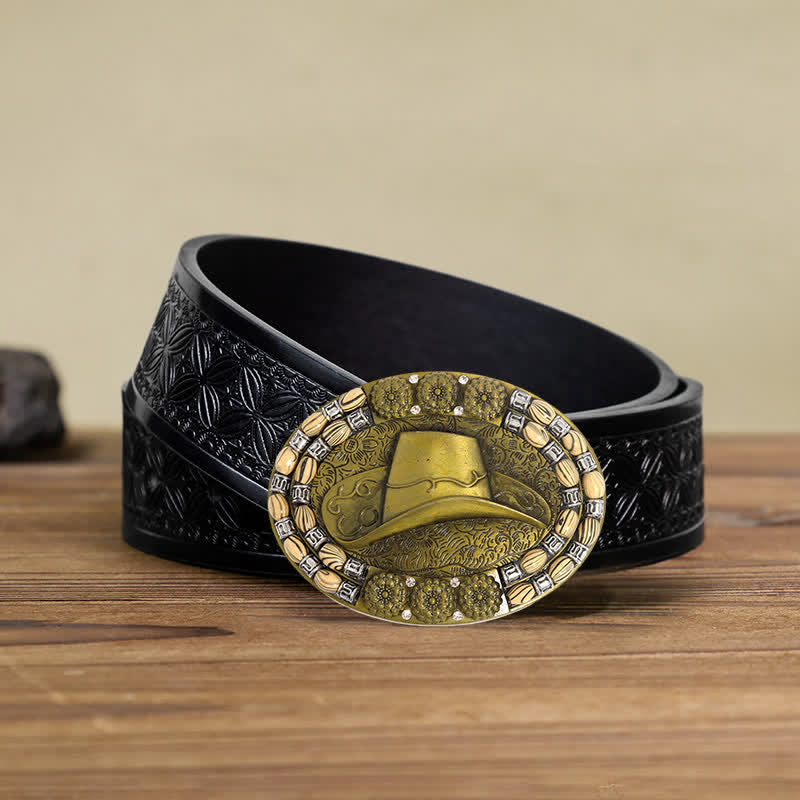Ceinture en cuir avec boucle décorative en perles dorées pour chapeau de cowboy pour homme