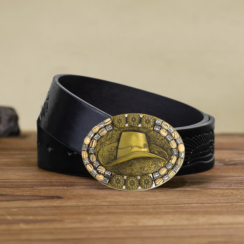 Ceinture en cuir avec boucle décorative en perles dorées pour chapeau de cowboy pour homme