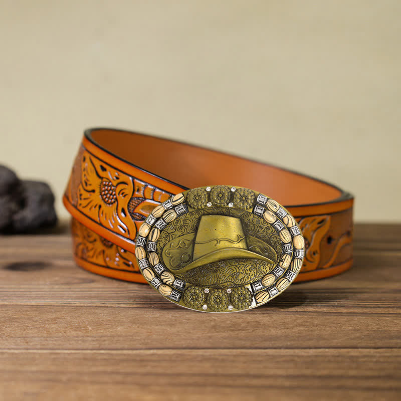 Ceinture en cuir avec boucle décorative en perles dorées pour chapeau de cowboy pour homme